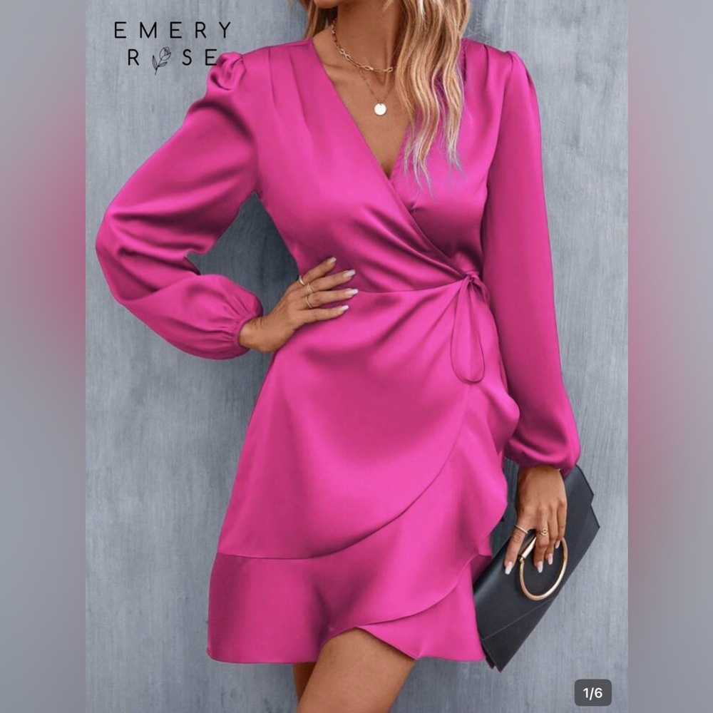 SHEIN Fuchsia Long Sleeve Wrap Dress Size US 14(XXL)